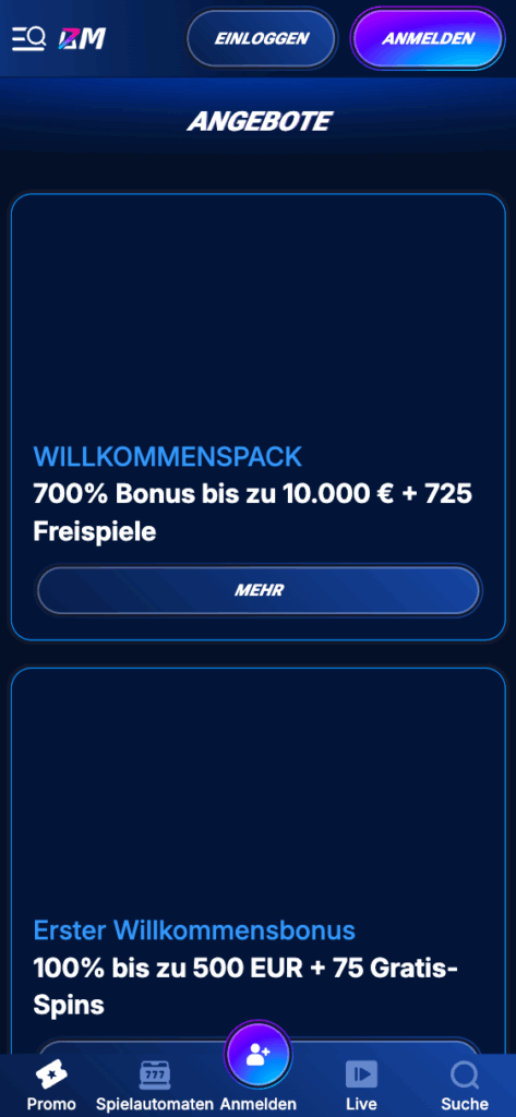 Interface BM Bet mobiele app